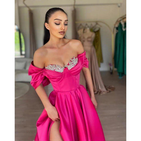 A Line Off Shoulder Beads Satin Long Prom Formal Dress with Slit