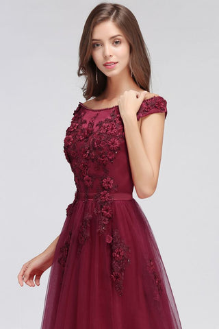 A-line Off-shoulder Floor-length Tulle Appliques Prom Dresses