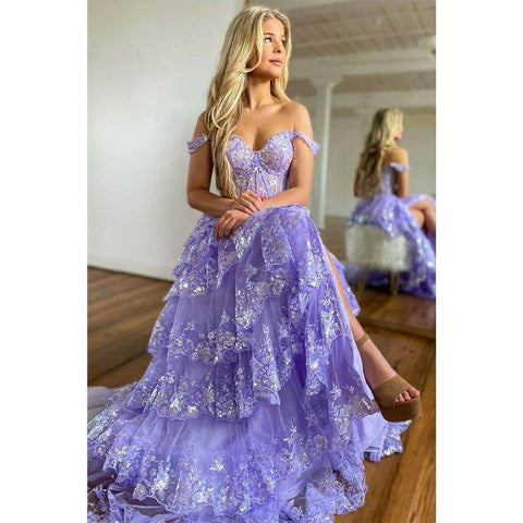 A Line Off Shoulder Lace Tiered Prom Dress with Slit Long Homecoming Dress
