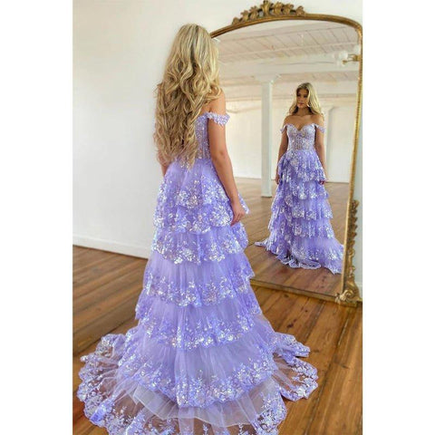 A Line Off Shoulder Lace Tiered Prom Dress with Slit Long Homecoming Dress