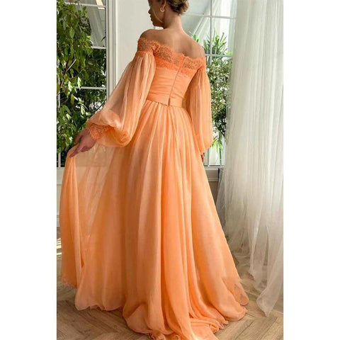 A Line Off Shoulder Long Sleeves Elegant Prom Party Dress with Slit