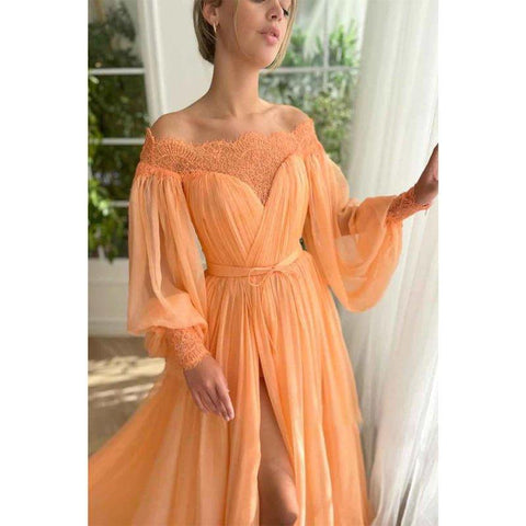 A Line Off Shoulder Long Sleeves Elegant Prom Party Dress with Slit