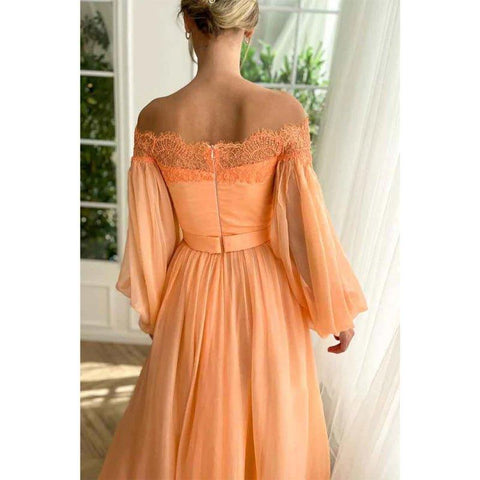 A Line Off Shoulder Long Sleeves Elegant Prom Party Dress with Slit