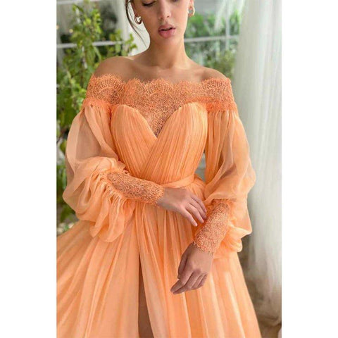 A Line Off Shoulder Long Sleeves Elegant Prom Party Dress with Slit