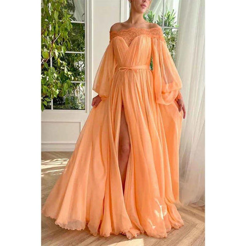 A Line Off Shoulder Long Sleeves Elegant Prom Party Dress with Slit