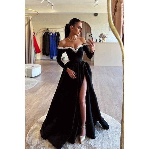 A Line Off Shoulder Pearls Long Sleeves Elegant Formal Party Dress with Slit