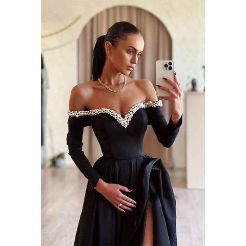 A Line Off Shoulder Pearls Long Sleeves Elegant Formal Party Dress with Slit
