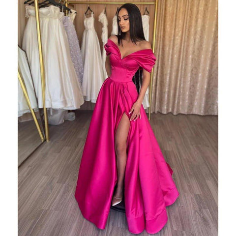 A-line Off-shoulder Pink Satin Pleats Long Prom Evening Dress with Slit