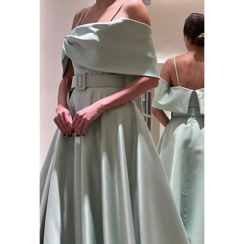 A-Line Off-Shoulder Satin Belt Split Prom Evening Formal Dress