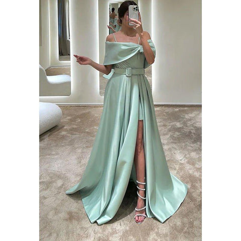 A-Line Off-Shoulder Satin Belt Split Prom Evening Formal Dress