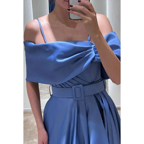 A-Line Off-Shoulder Satin Belt Split Prom Evening Formal Dress
