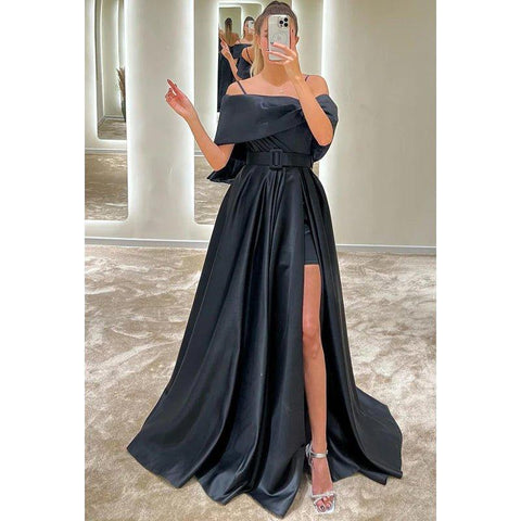 A-Line Off-Shoulder Satin Belt Split Prom Evening Formal Dress
