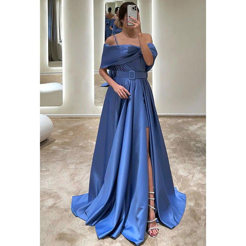 A-Line Off-Shoulder Satin Belt Split Prom Evening Formal Dress