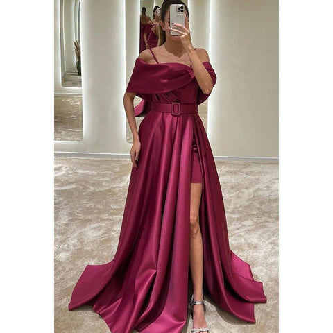 A-Line Off-Shoulder Satin Belt Split Prom Evening Formal Dress