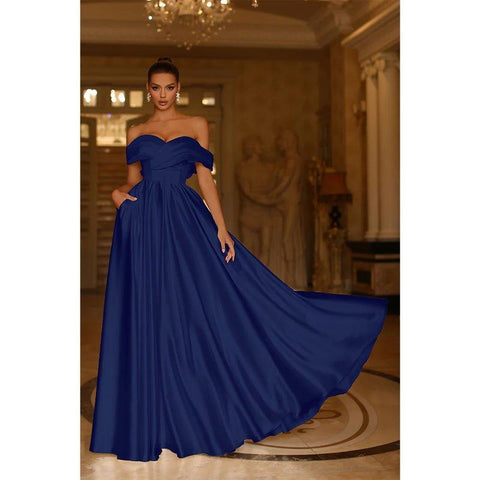 A Line Off Shoulder Satin Pleats Long Prom Formal Dress with Pockets