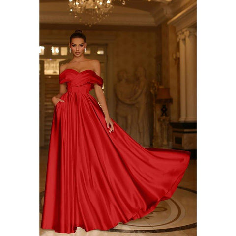 A Line Off Shoulder Satin Pleats Long Prom Formal Dress with Pockets