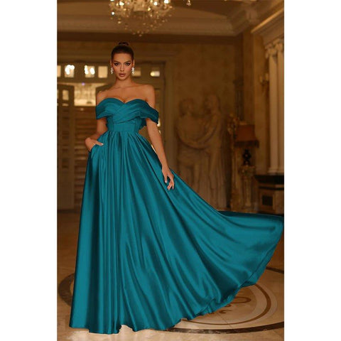 A Line Off Shoulder Satin Pleats Long Prom Formal Dress with Pockets