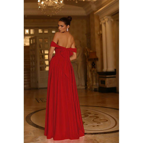 A Line Off Shoulder Satin Pleats Long Prom Formal Dress with Pockets