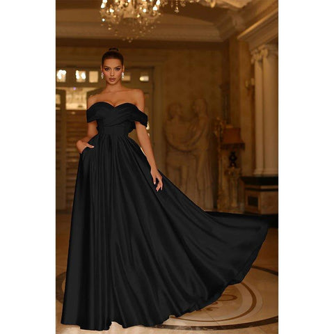 A Line Off Shoulder Satin Pleats Long Prom Formal Dress with Pockets