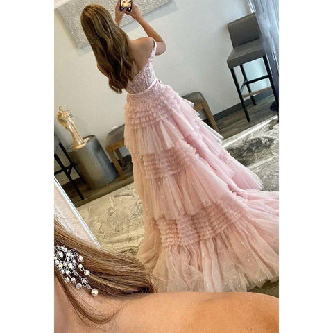 Vestido de fiesta formal de noche sin mangas, corte en A, hombros descubiertos, apliques de tul, sin mangas