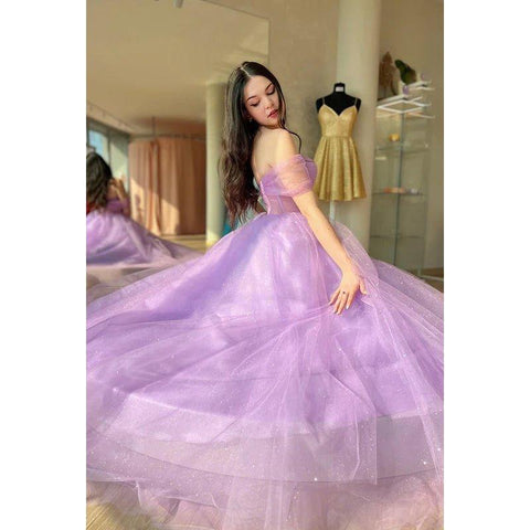 Vestido de fiesta formal de noche, corte en A, hombros descubiertos, tul, espalda descubierta, sin mangas