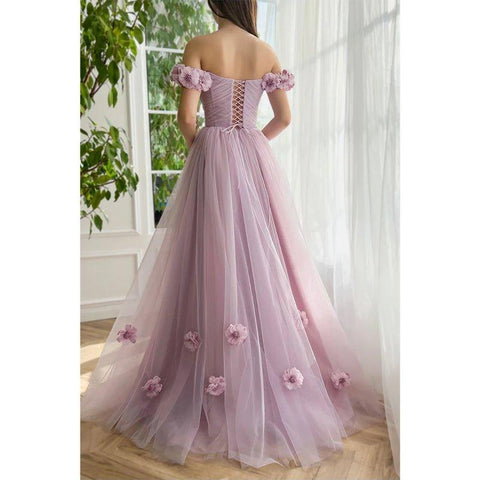 A Line Off The Shoulder 3d Flowers Long Prom Dress with Split
