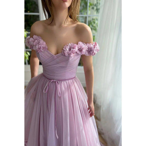 A Line Off The Shoulder 3d Flowers Long Prom Dress with Split