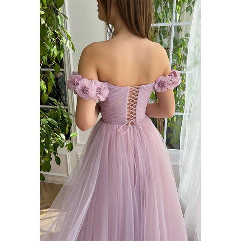 A Line Off The Shoulder 3d Flowers Long Prom Dress with Split