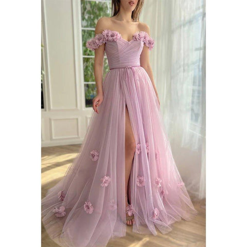 A Line Off The Shoulder 3d Flowers Long Prom Dress with Split