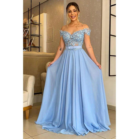 A-line Off The Shoulder Appliques Long Formal Evening Dress