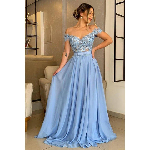 A-line Off The Shoulder Appliques Long Formal Evening Dress