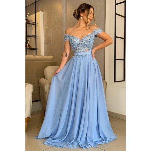A-line Off The Shoulder Appliques Long Formal Evening Dress