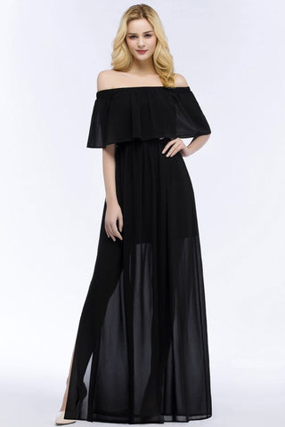 A-line Off-the-shoulder Floor Length Black Chiffon Bridesmaid Dresses