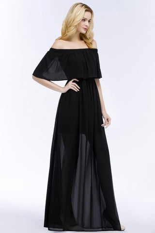 A-line Off-the-shoulder Floor Length Black Chiffon Bridesmaid Dresses