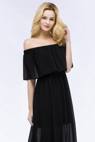 A-line Off-the-shoulder Floor Length Black Chiffon Bridesmaid Dresses