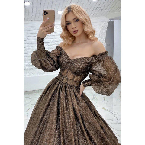 A-line Off The Shoulder Long Sleeves Prom Dress Glitter