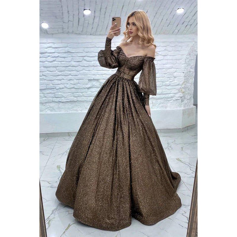 A-line Off The Shoulder Long Sleeves Prom Dress Glitter