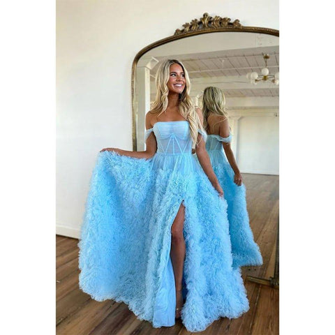 A Line Off The Shoulder Ruffles Side Slit Long Prom Dress
