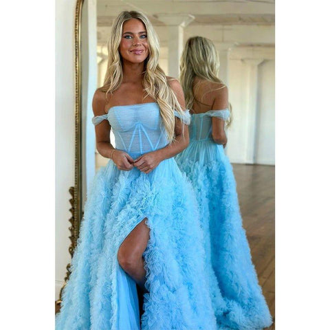 A Line Off The Shoulder Ruffles Side Slit Long Prom Dress