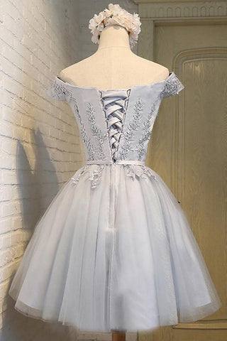 Robe de bal courte sans manches en tulle gris, coupe trapèze, épaules dénudées, PD139