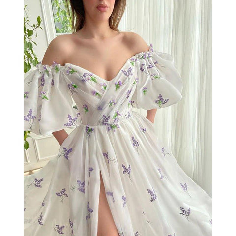 A Line Off The Shoulder Side Slit Long Prom Dress with Pockets