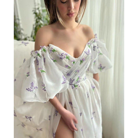 A Line Off The Shoulder Side Slit Long Prom Dress with Pockets