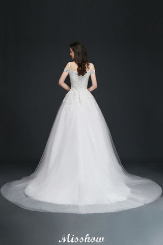 Robes de mariée élégantes en tulle, coupe trapèze, épaules dénudées, ornées d'appliqués