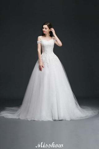 Robes de mariée élégantes en tulle, coupe trapèze, épaules dénudées, ornées d'appliqués