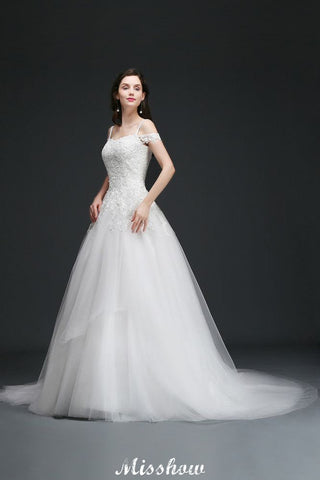 Robes de mariée élégantes en tulle, coupe trapèze, épaules dénudées, ornées d'appliqués