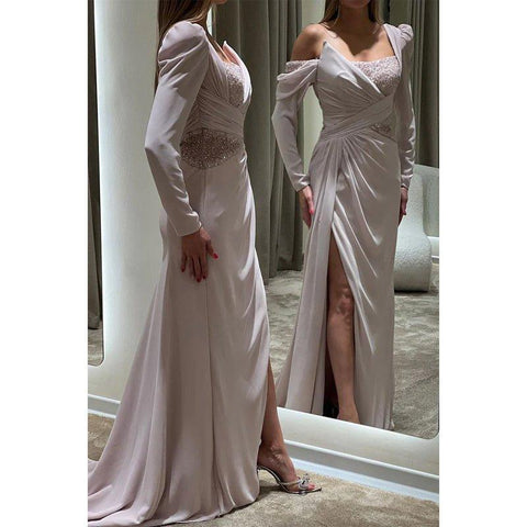 A Line One Shoulder Beads Long Sleeves Formal Evening Dress