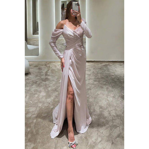 A Line One Shoulder Beads Long Sleeves Formal Evening Dress