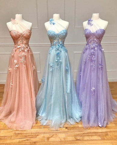 A Line One Shoulder Black Long Prom Dress with Appliques