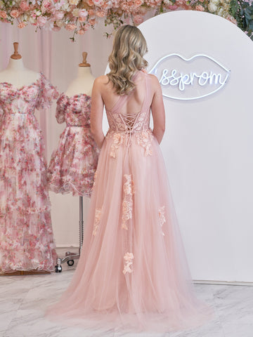 A Line One Shoulder Black Long Prom Dress with Appliques