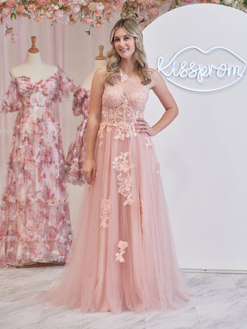 A Line One Shoulder Black Long Prom Dress with Appliques